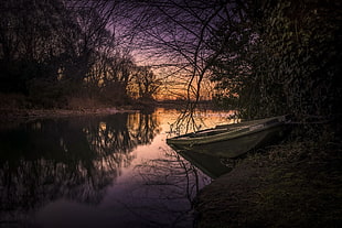 black and white metal frame, dark, water, nature, boat