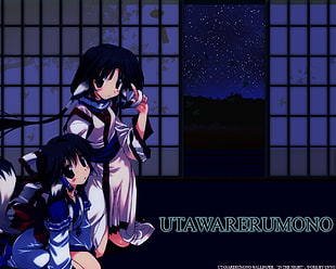 two Otawareno Mono girl character during night time inside house HD wallpaper