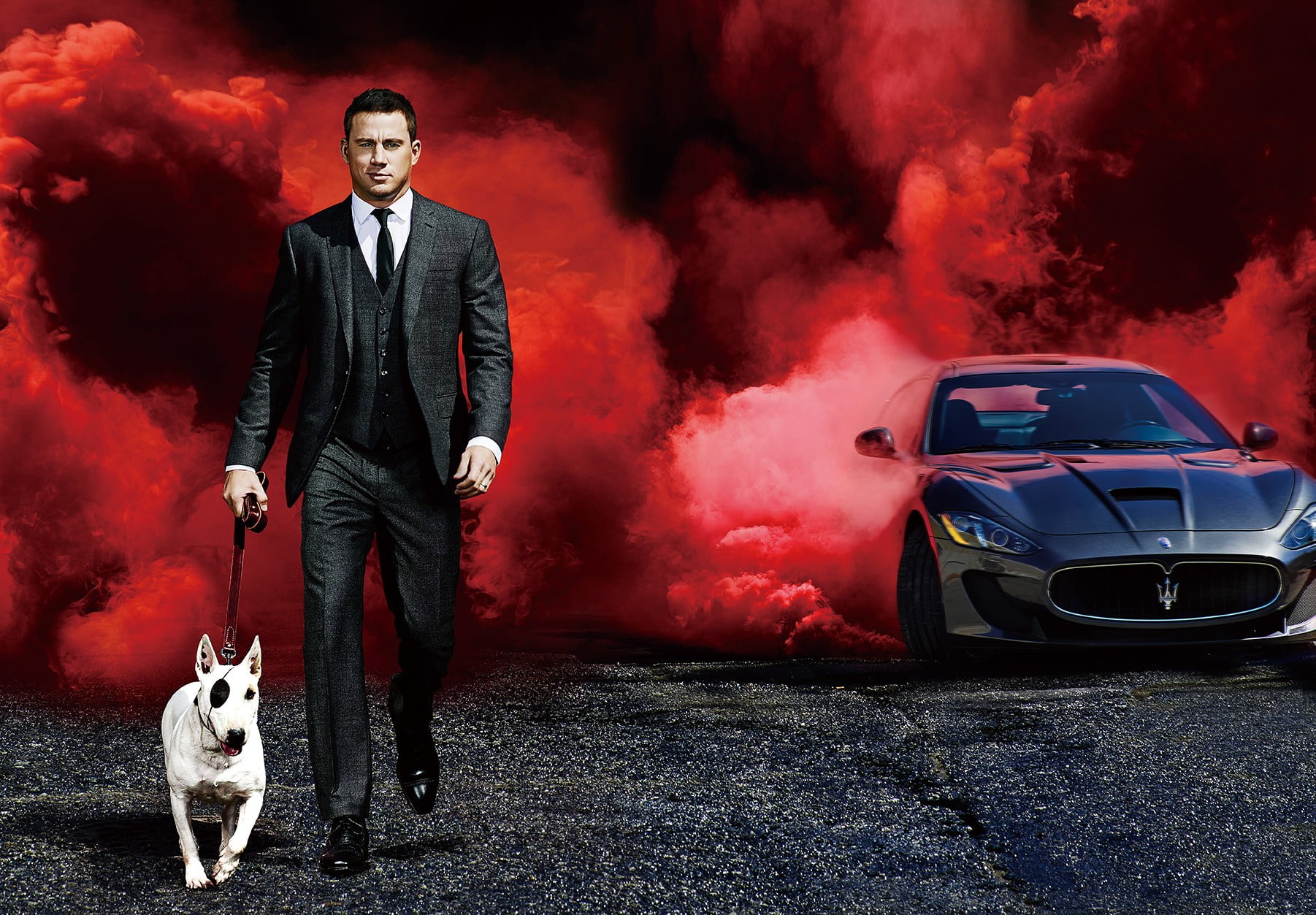 Man in black suit walking with bull terrier and gray Maserati Gran Turismo,  Channing Tatum, dog, Maserati HD wallpaper | Wallpaper Flare