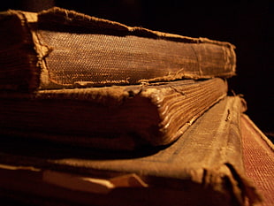 three brown covered books, depth of field, books, ancient HD wallpaper