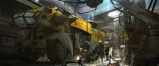 yellow truck illustration, cyber, cyberpunk, science fiction, fantasy art HD wallpaper