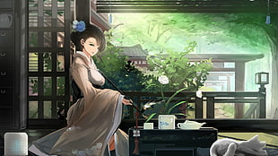 female anime character, cat, smoking, kimono, flower in hair HD wallpaper
