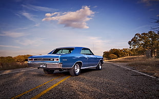 blue muscle car parked at asphalt road