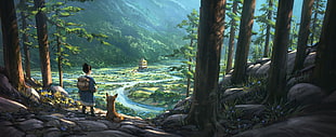anime character with wolf movie still, forest, fox, valley, building HD wallpaper