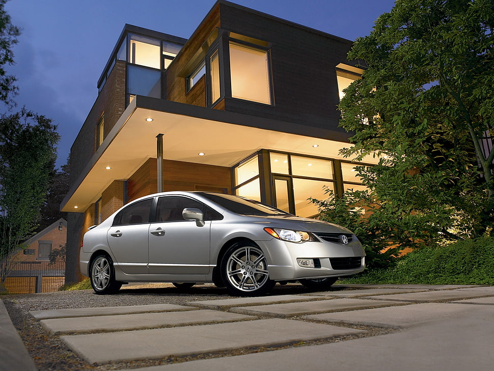 photo of gray sedan beside gray concrete storey house HD wallpaper