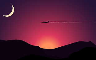 airplane above mountains with sunset under crescent moon HD wallpaper