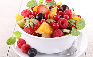 fruit salad in white bowl with spoon HD wallpaper