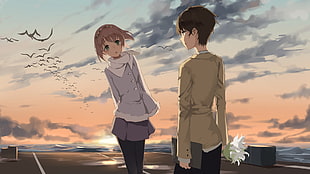 woman wearing purple coat in front of man wearing beige suit jacket 2D character, Aldnoah.Zero, anime, anime girls, anime boys