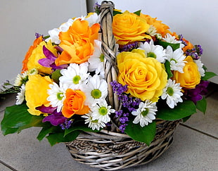 variety of flowers arrangement in basket HD wallpaper