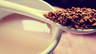 ground coffee on white ceramic spoon near cup HD wallpaper