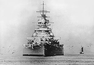 grayscale photo of ship, warship, military, Bismarck (ship) HD wallpaper