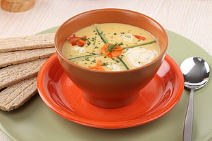 white soup on orange ceramic bowl HD wallpaper