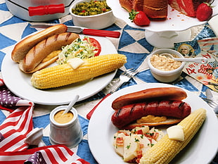 dish with hotdog and corn on a cob HD wallpaper