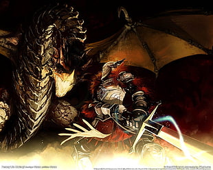 photo of warrior holding sword with dragon 3D wallpaper