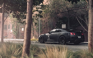 black coupe, car, street, trees, Nissan GT-R HD wallpaper