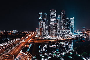 gray concrete bridge, cityscape, skyline, skyscraper, night