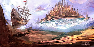 brown boat illustration, boat, desert, airships, fantasy art HD wallpaper