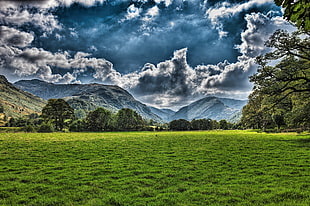 grassy plains across the mountains under blue sky, borrowdale