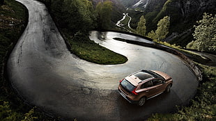 beige 5-door hatchback, car, Volvo, road, landscape HD wallpaper