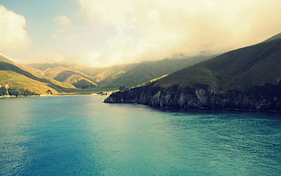 green mountain, New Zealand, sea, mountains