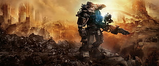 man crouching on robots arm with city in background wallpaper, Titanfall HD wallpaper