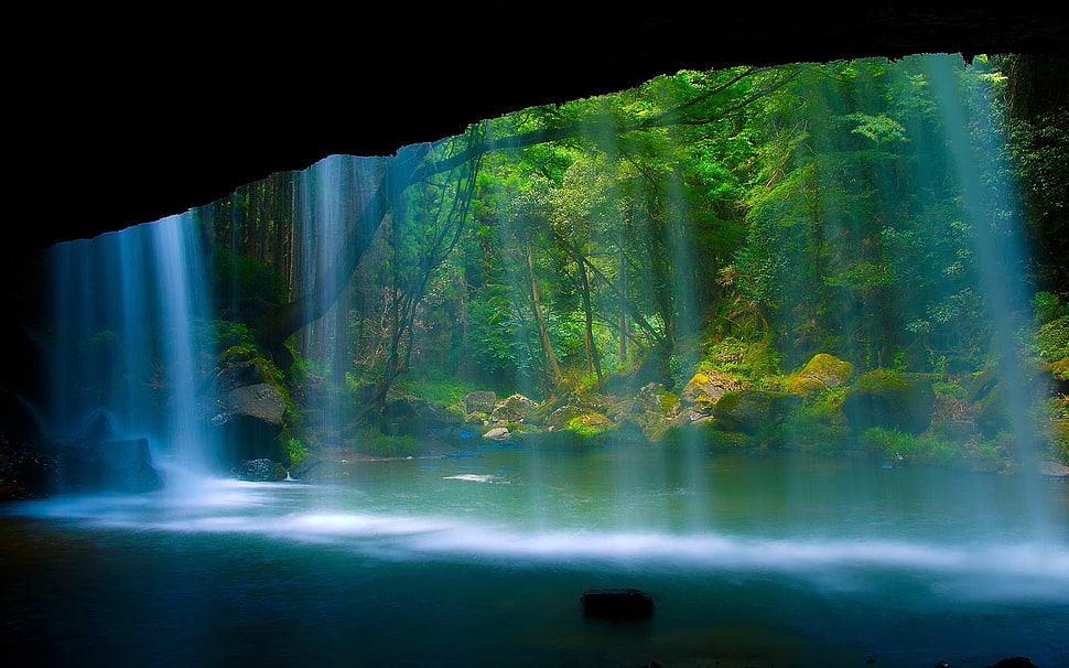 photo of calm body of water falls surrounded by trees HD wallpaper