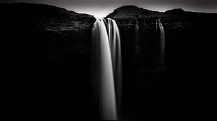 waterfalls near mountain, nature, rocks, waterfall, monochrome