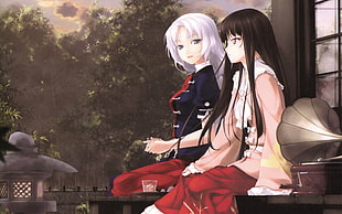 two female anime characters sitting HD wallpaper