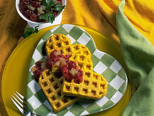 three heart waffles on plate HD wallpaper