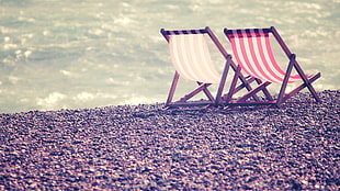 two wooden framed lounge chairs, photography, water, coast, beach HD wallpaper