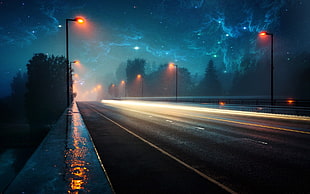 black concrete road with street lights HD wallpaper