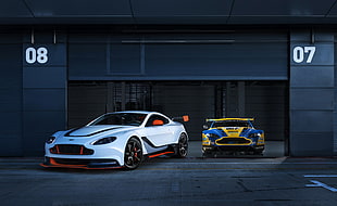 white and yellow coupe die-cast model, car, Aston Martin HD wallpaper