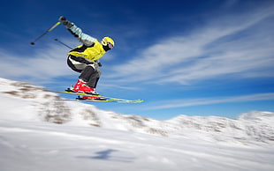 yellow and white jacket, sky, sport , flying, snow HD wallpaper