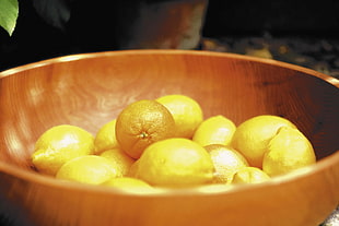 lemon fruit on brown wooden bowl HD wallpaper