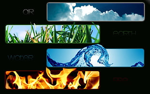 clouds, fire, grass, and water photo collage HD wallpaper