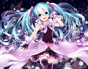 pink and blue floral textile, Vocaloid, Hatsune Miku