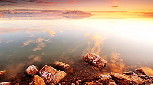 brown rock, nature, landscape, lake HD wallpaper