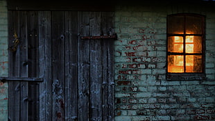 brown wooden door, door, window, bricks, house HD wallpaper