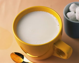 milk on yellow ceramic mug HD wallpaper