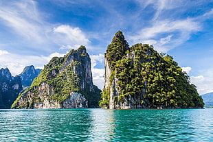 green mountain, island, limestone, sea, turquoise HD wallpaper