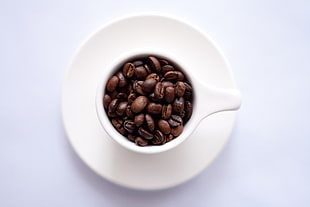 macro photography of coffee beans inside white ceramic tea cup