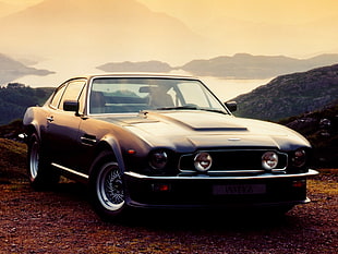 classic gray muscle car parked on brown land