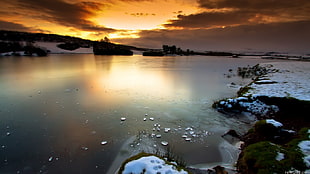 land coated with snow on body of water, nature