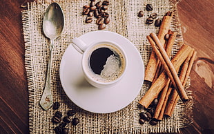 white teacup with saucer, coffee, cup, spoons, food