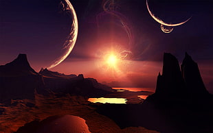 rock mountains and two moons digital wallpaper, fantasy art, space art, digital art, planet