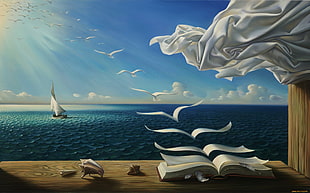 book of life painting, sky, sea, books, birds HD wallpaper