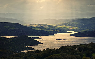 calm body of water, landscape, lake, mist, sun rays