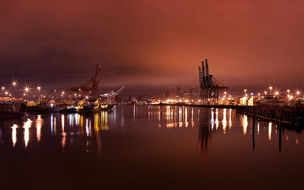 tower crane, cityscape, night, lights, architecture HD wallpaper