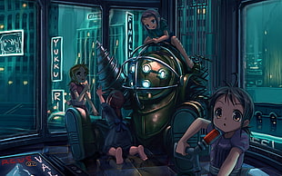 three girls near gray robot anime characters illustration HD wallpaper