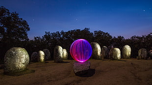 pink and blue LED ball, photo manipulation, light painting, rock HD wallpaper